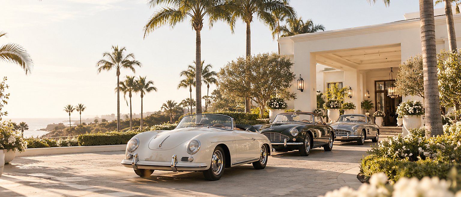 Luxury cars staged at a villa entrance in coastal daylight