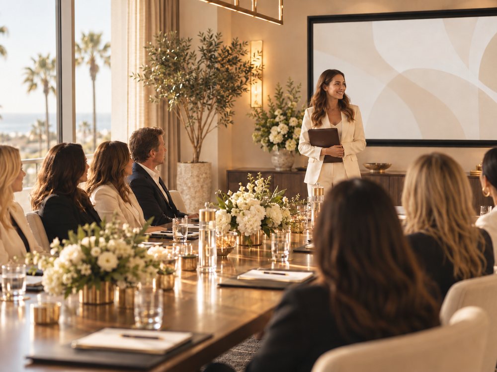 A strategy session at a long table overlooking the coast, presenter and screen