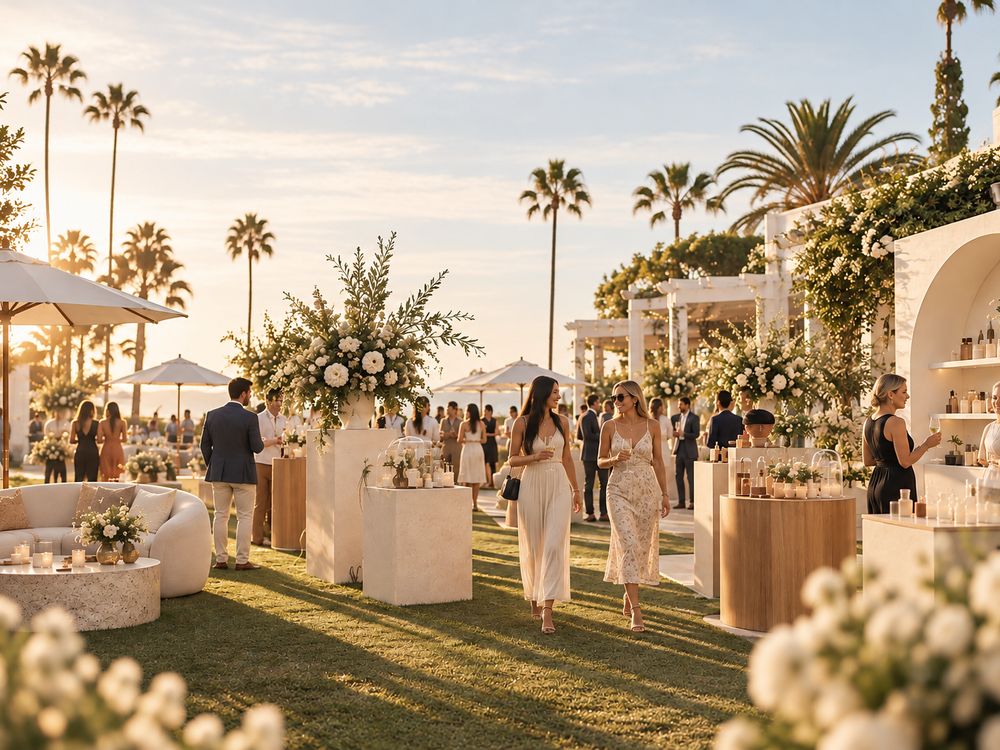 An outdoor event in full flow at golden hour, guests moving between styled stations