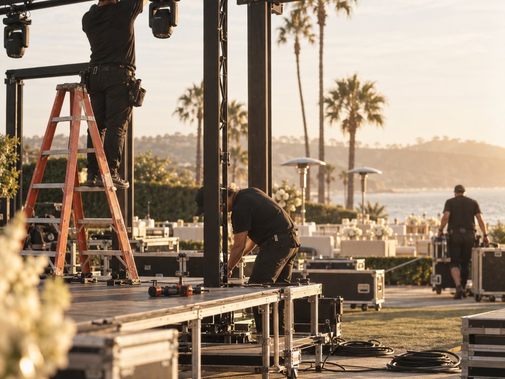 Crew building staging on site at golden hour, ladders and road cases